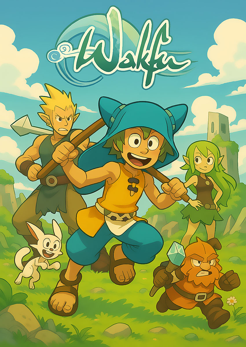 Vibrant artwork of characters from Wakfu animated series in a lush, green landscape.